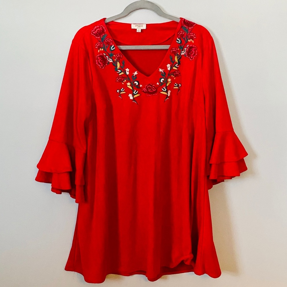 Umgee Medium Red Suede Feel Floral Dress